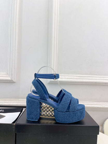 CC 26s HighHeeled Platform Sandals 85 Dark Blue Denim 631871