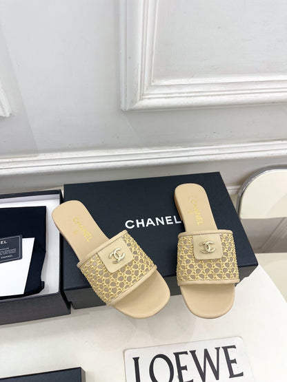 Chanel 2026  Woven Flat Slippers Leather Sheepskin 831405